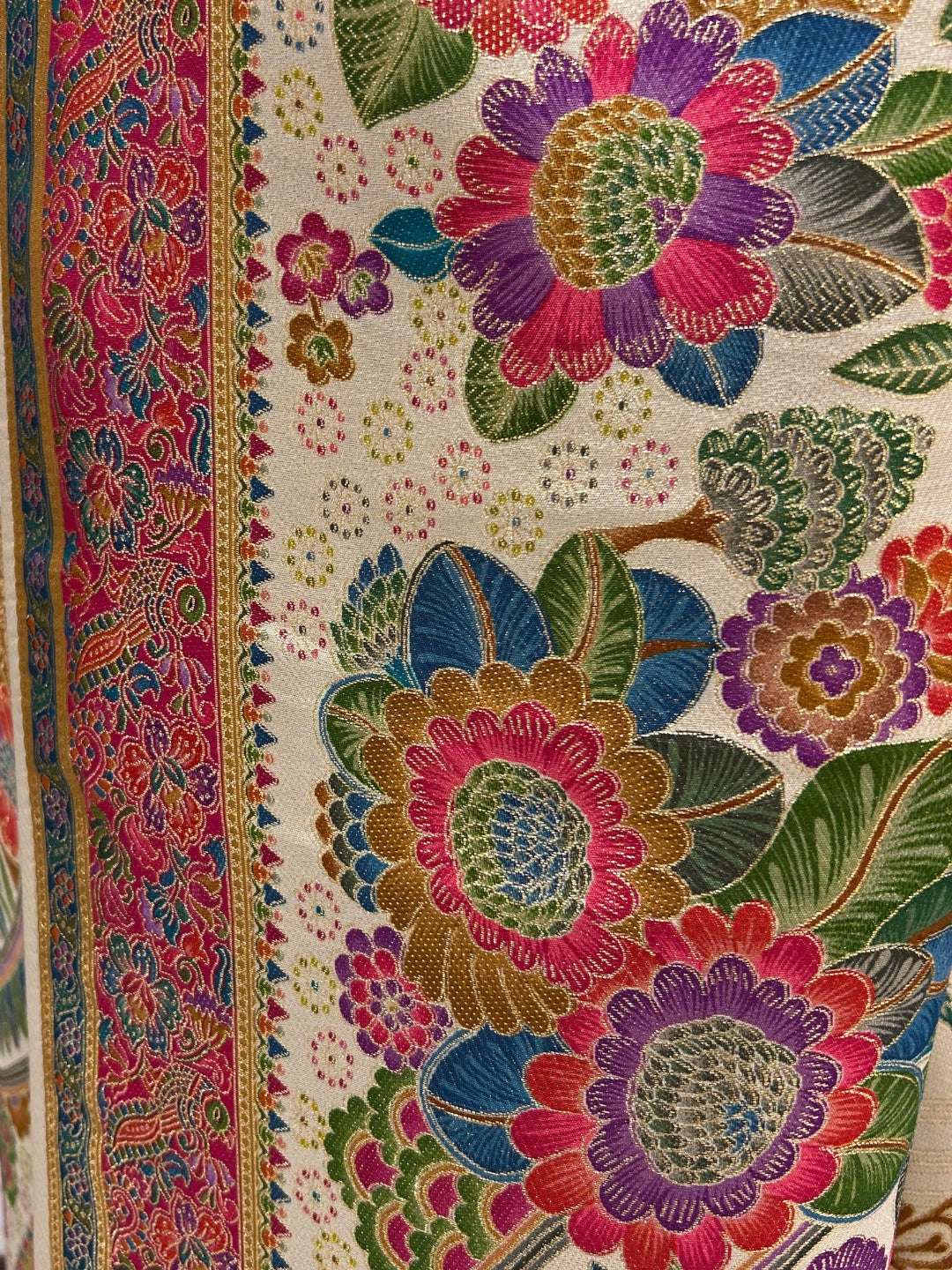Cream Banarasi Woven Floral Saree with Rani Pink Temple Border and Rich Pallu