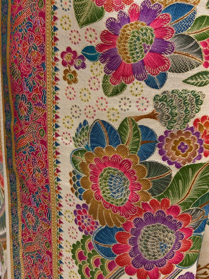 Cream Banarasi Woven Floral Saree with Rani Pink Temple Border and Rich Pallu