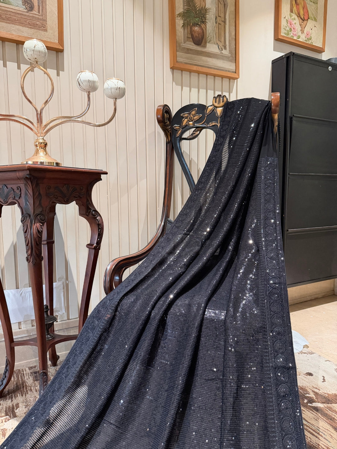 Black All-Over Sequin Saree with Tonal Embroidered Border and Fringe Pallu