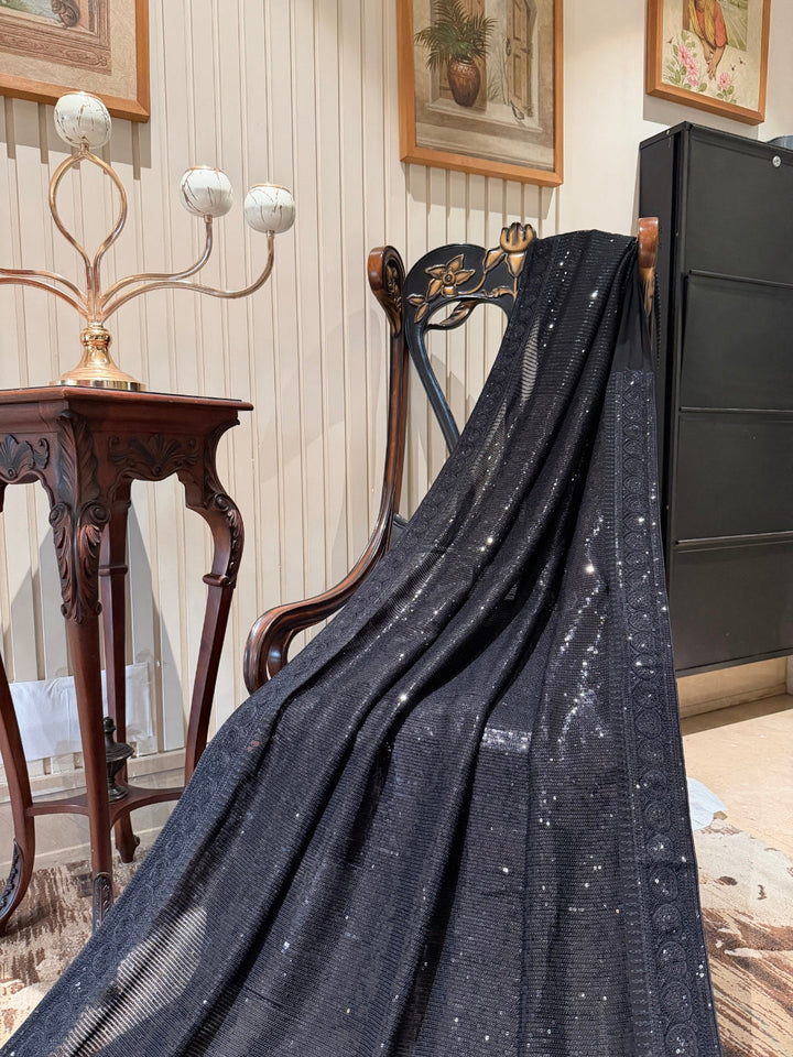 Black All-Over Sequin Saree with Tonal Embroidered Border and Fringe Pallu