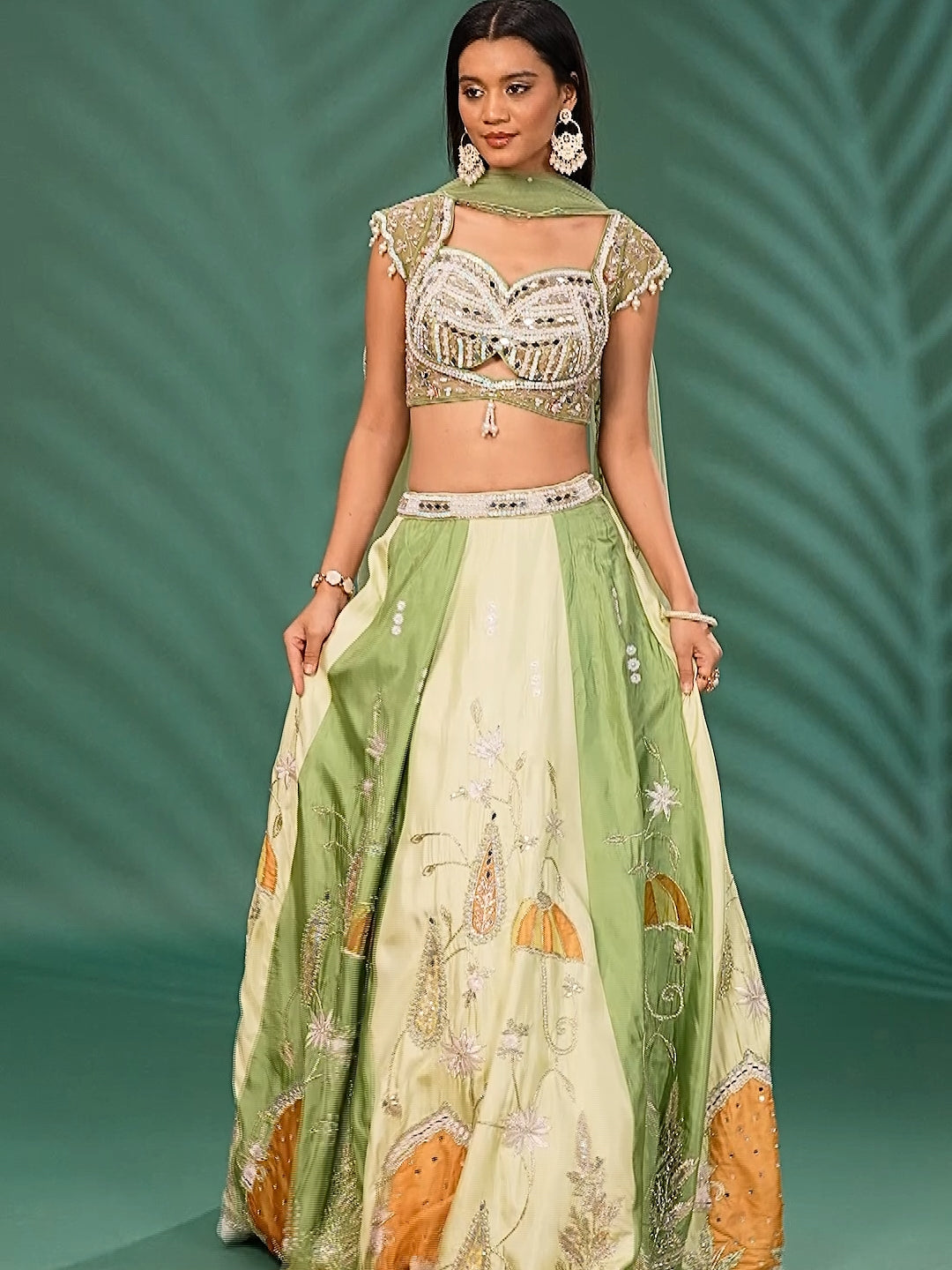 Silk Lehenga Choli Set with Mirror & Sequin Embroidery and Net Dupatta