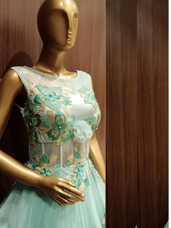 Green Net Flared Barbie Style Gown with Floral Resham Embroidery