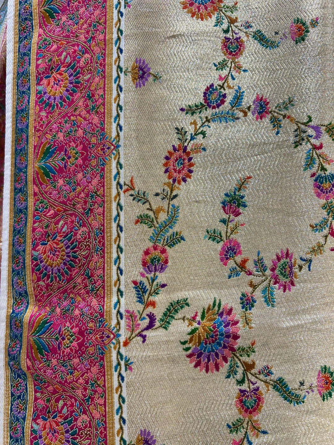 Pastel Beige Banarasi Meenakari Silk Saree with Multicolour Floral Jaal and Rich Pallu