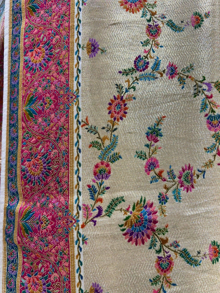 Pastel Beige Banarasi Meenakari Silk Saree with Multicolour Floral Jaal and Rich Pallu