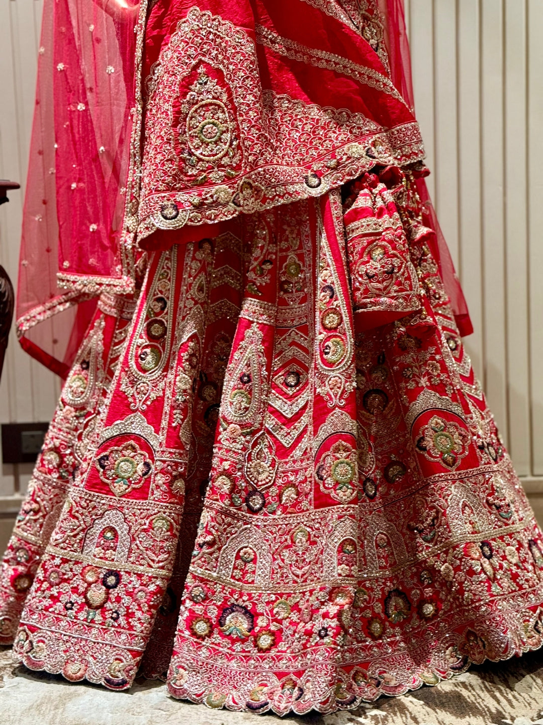 Heavy Bridal Lehenga Choli Set with Traditional Embroidery, Mirror Work, Dupatta and Potli Bag