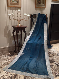 Teal Blue Shimmer Saree with All-Over Silver Sequin Scatter & Intricate Embroidered Border