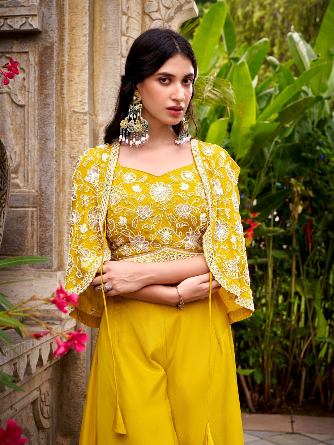 Mustard Yellow Embroidered Cape Top with Flared Palazzo Set Featuring Sequin & Thread Work