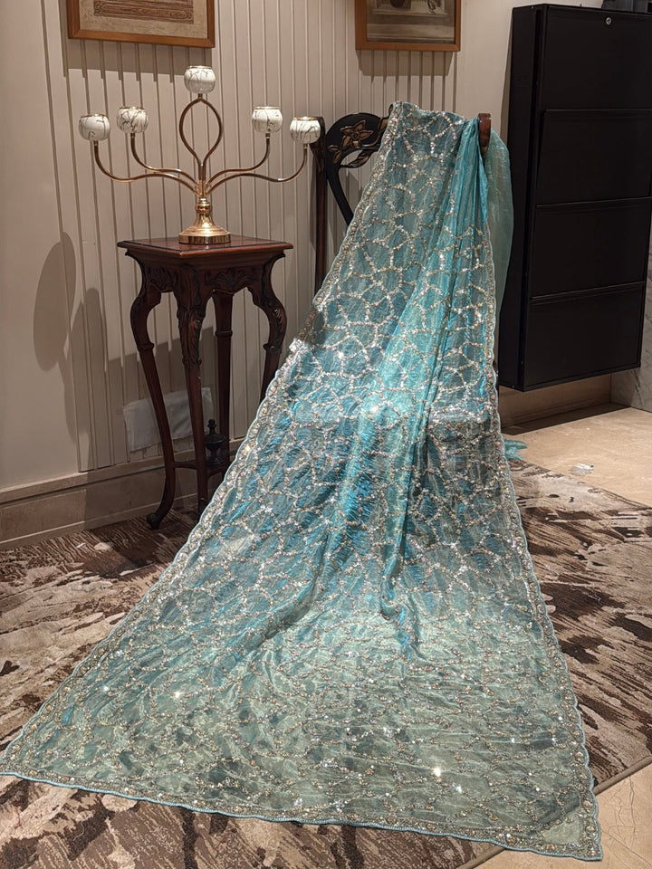 Shimmer Net Saree with All-Over Geometric Mirror & Sequin Hand Embroidery Border