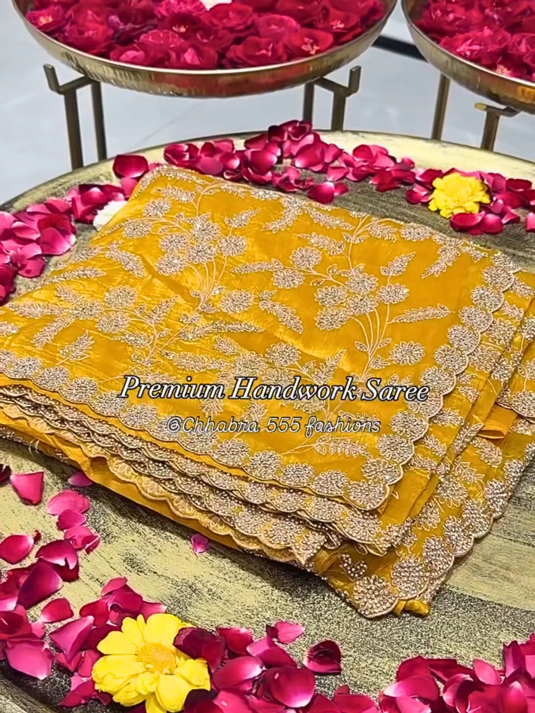 Mustard Yellow Floral Zari Embroidery & Stones Embellishment Saree with Scalloped Border