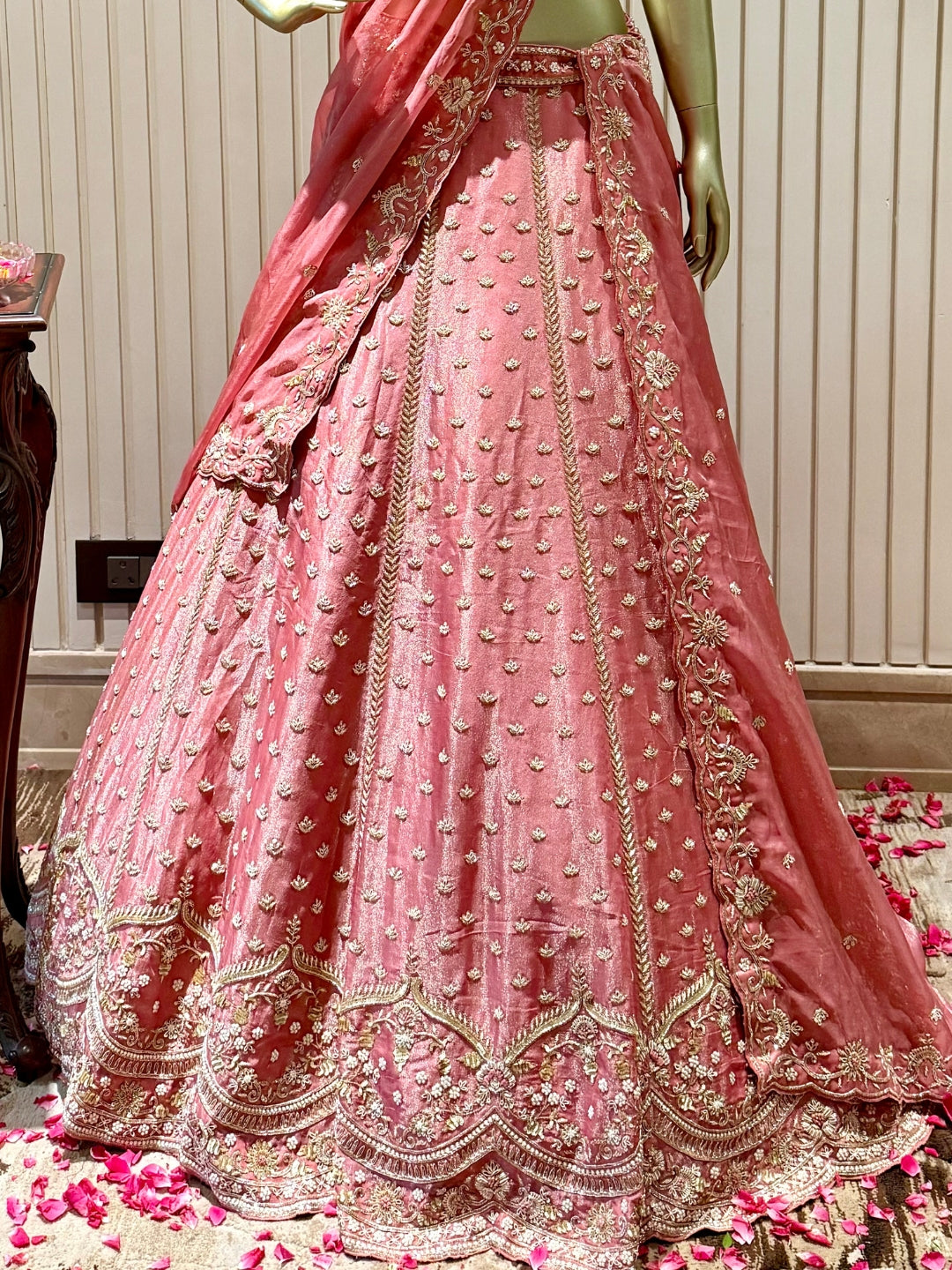 Elegantly Embroidered Rose-Pink Net & Silk Lehenga Choli Set with Dupatta