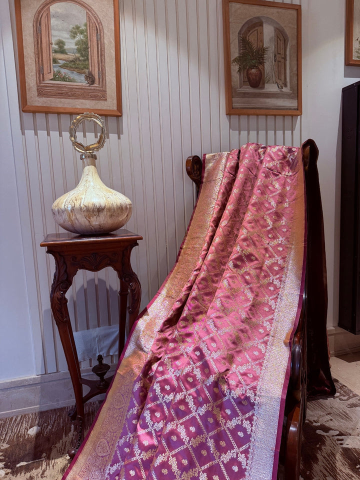Magenta Pink Zari Woven Saree with Gold Floral Diamond Check & Banarasi Brocade Border