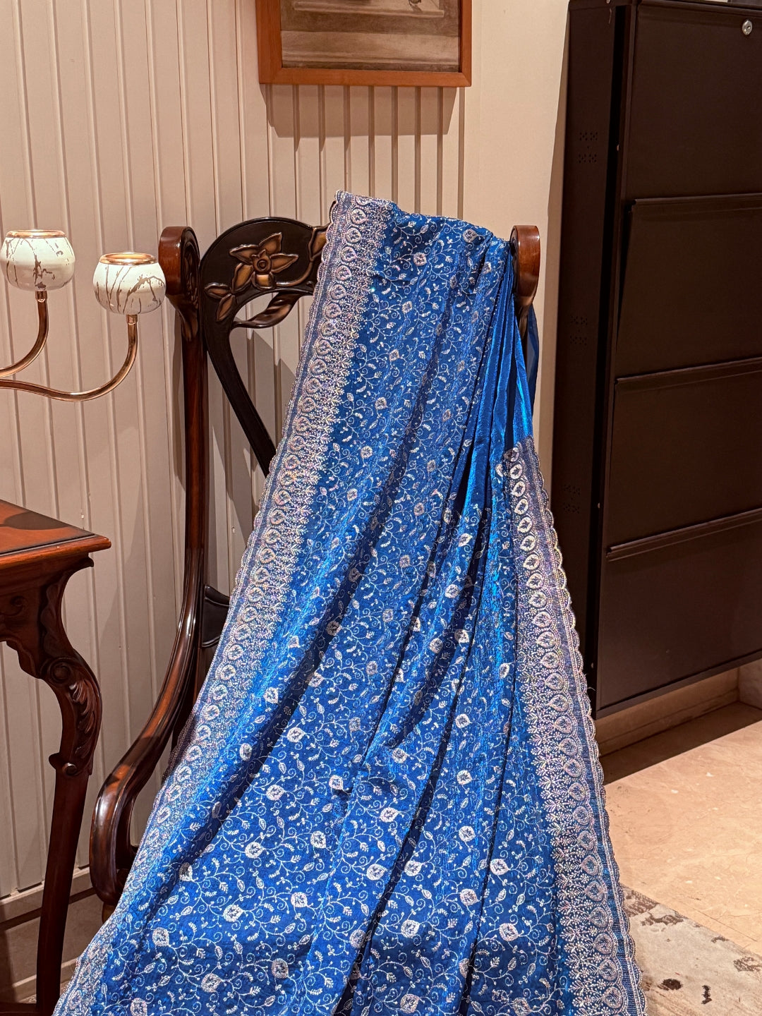 Saree with Heavy Silver Zari Floral Embroidery & Ornate Broad Border