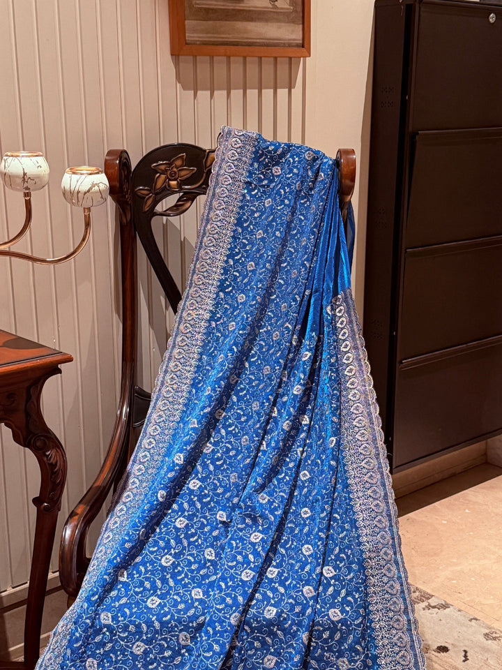 Saree with Heavy Silver Zari Floral Embroidery & Ornate Broad Border