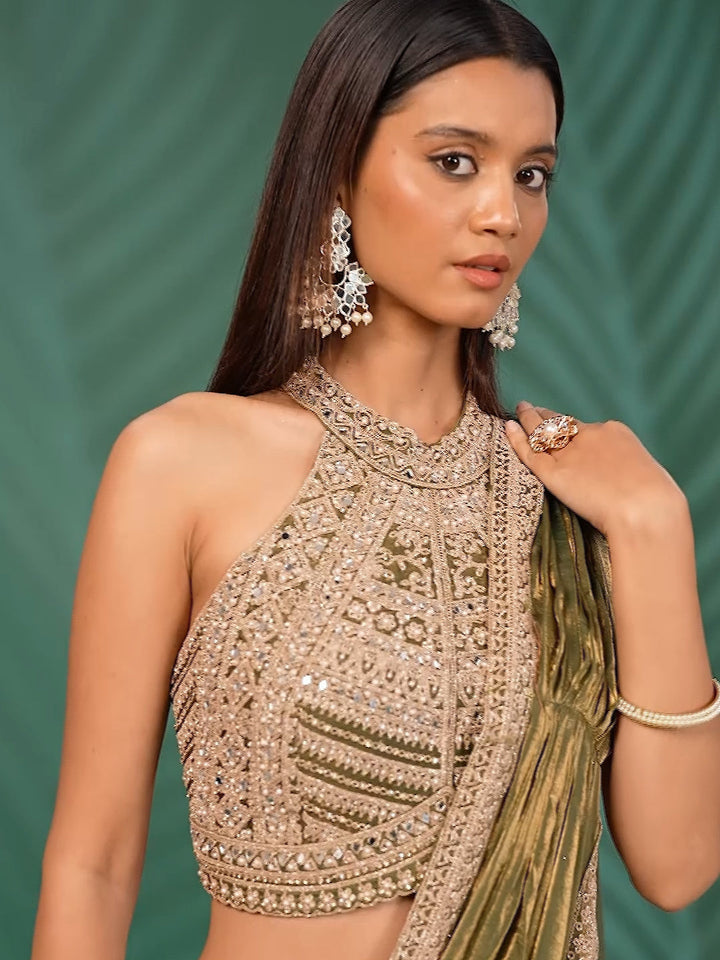 Metallic Silk Saree with Mirror & Thread Embroidered Blouse