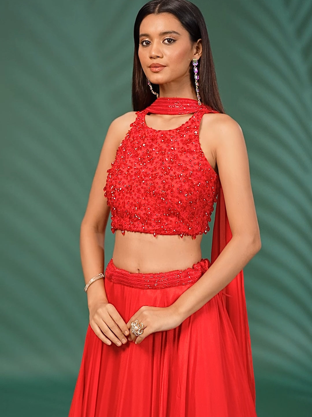 Georgette Sequin & Bead Embroidery Crop Top Lehenga with Dupatta