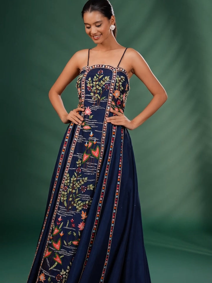 Embroidered Spaghetti Strap Flared Gown with Nature-Inspired Motifs