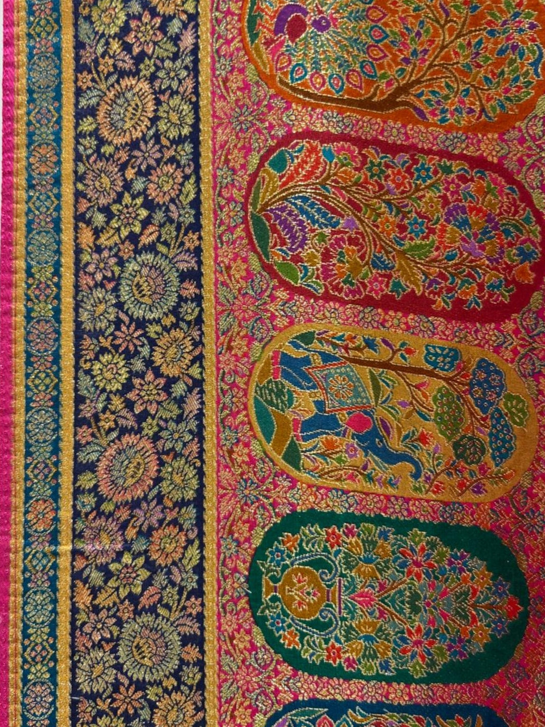Banarasi Silk Saree with Meenakari Peacock & Floral Paneled Border