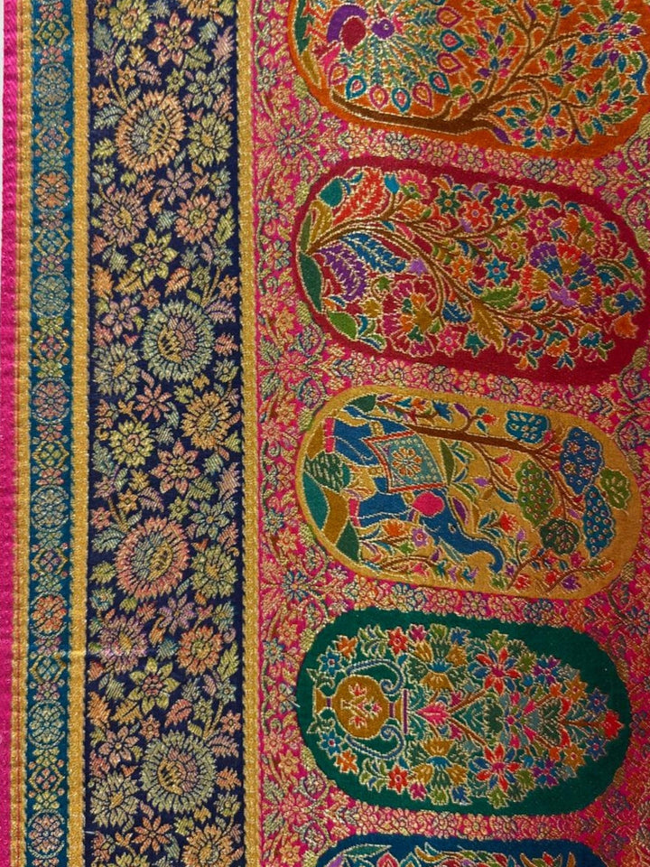 Banarasi Silk Saree with Meenakari Peacock & Floral Paneled Border