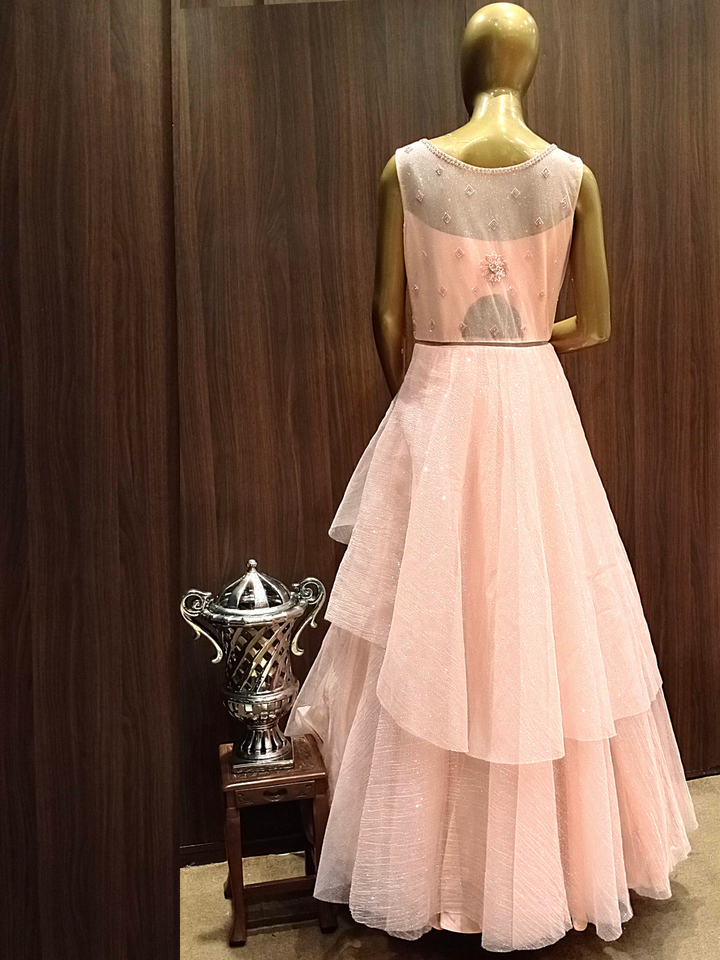 Pastel Peach Embellished Flared Gown with Cutdana, Pearls, Sequence