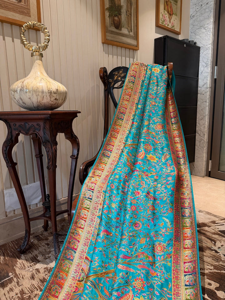 Turquoise Blue Saree with All-Over Ethnic Bird & Floral Digital Print and Contrast Border
