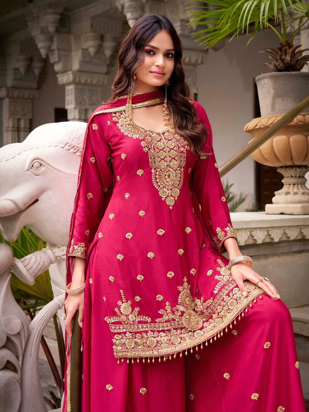 Magenta Pink Embroidered Georgette Kurta Sharara Set with Heavy Thread Zari Work