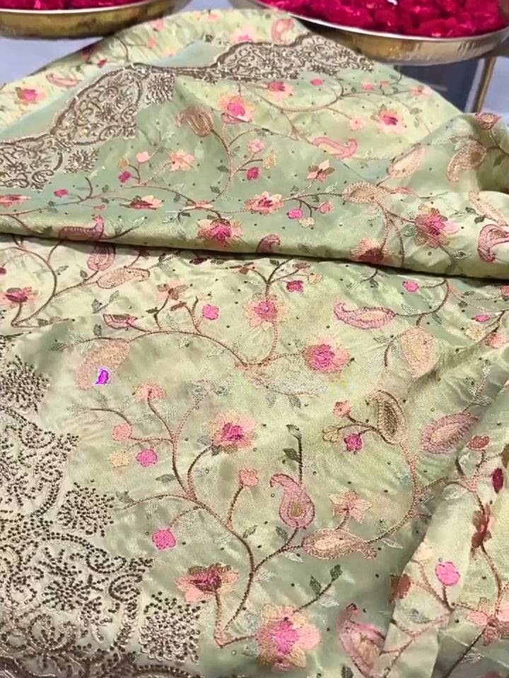 Pastel Green Soft Organza Saree with Floral Embroidery & Cutwork Beaded Border