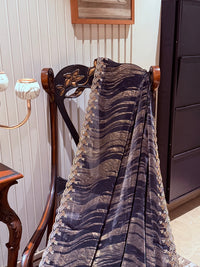 Black Saree with Gold Shimmer Wavy Stripes & Pastel Embroidered Floral Sequin Border