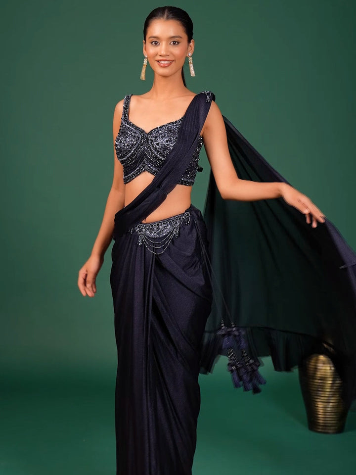 Pre-Draped Saree with intricate sequin embellished Sleeveless Blouse