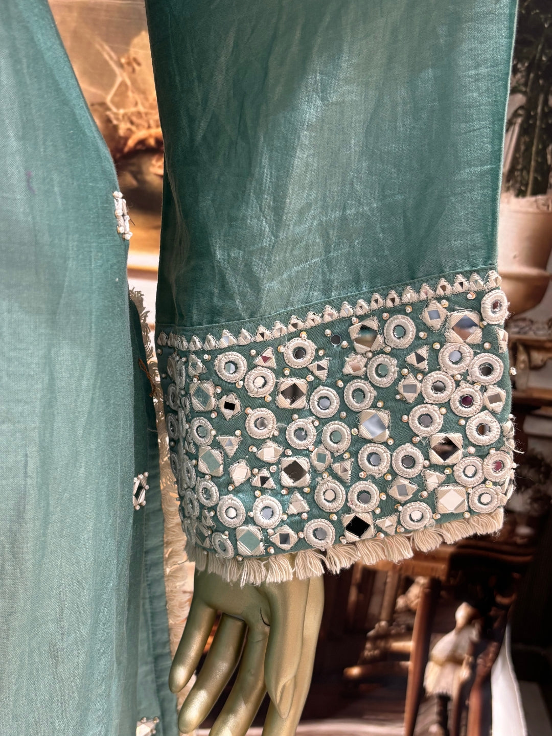 Silk-blend embroidered kurta set with mirror-work yoke & scallop lace dupatta.