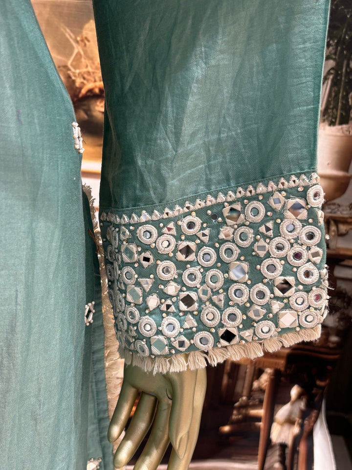 Silk-blend embroidered kurta set with mirror-work yoke & scallop lace dupatta.