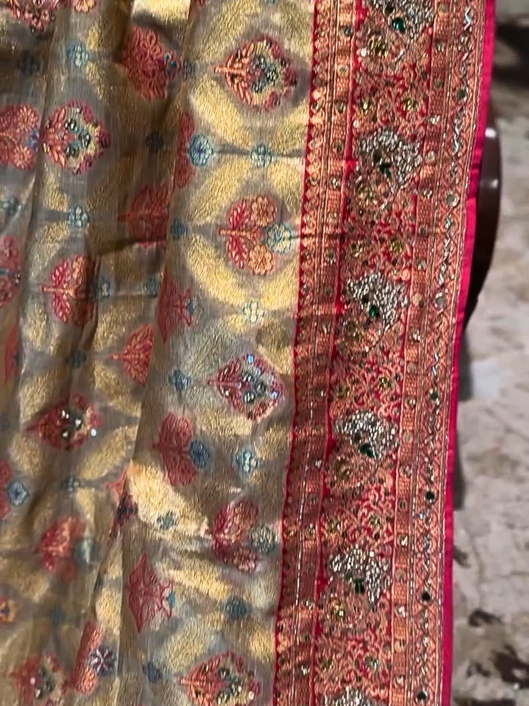 Golden Zari Banarasi Saree with Multi-Colored Butta & Heavy Embroidered Border