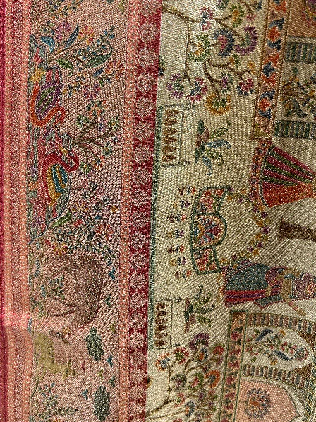 Golden Beige Shikargah Banarasi Silk Saree with Forest Scene Pallu & Red Zari Brocade