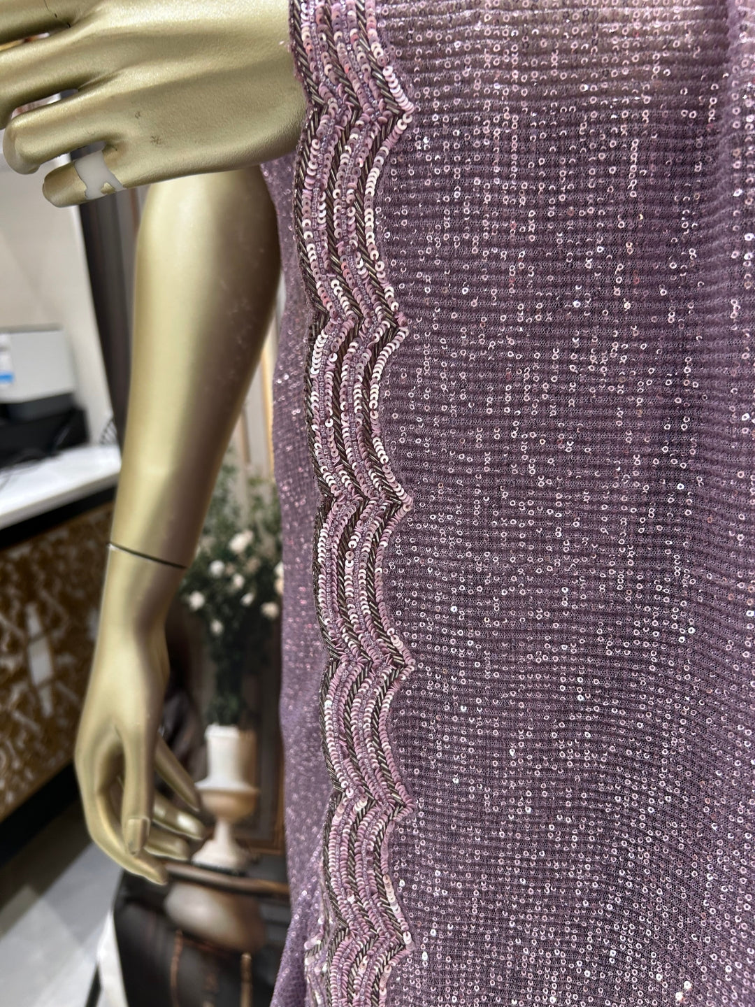 Heavy Sequin Embroidered Party Saree with Scalloped Border & Striped Blouse