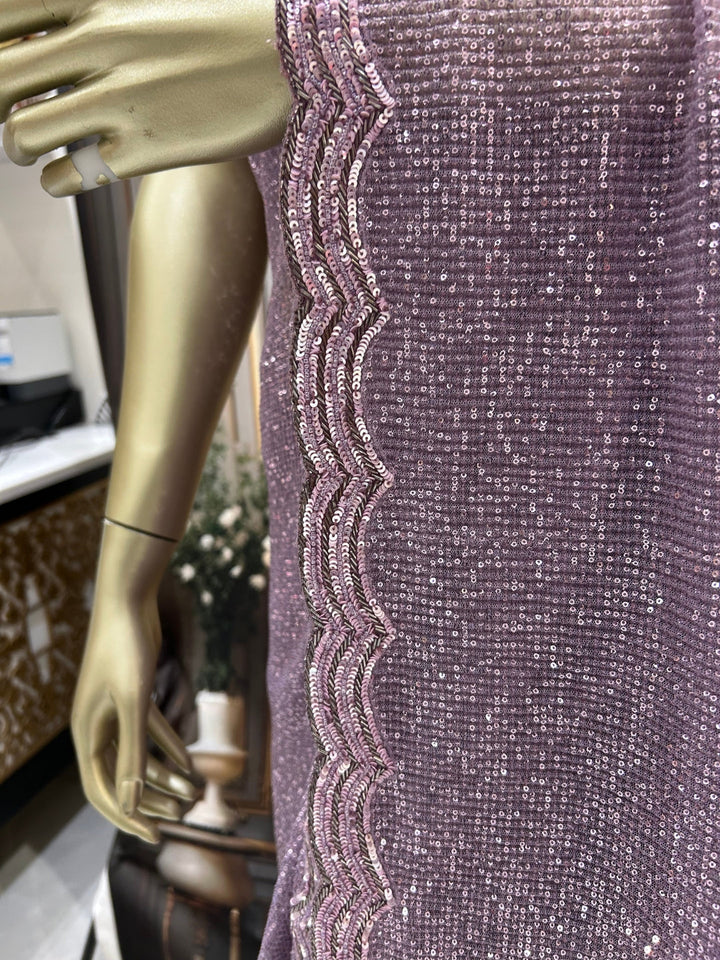 Heavy Sequin Embroidered Party Saree with Scalloped Border & Striped Blouse