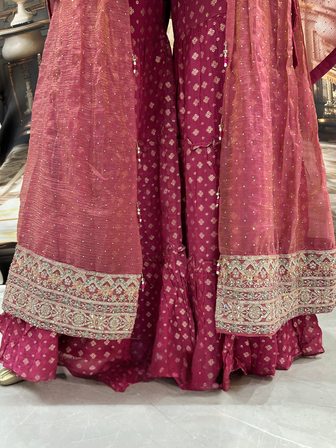Mauve Pink Gharara Set with Zari, Sequin & Resham Embroidery and Pearl Detailing