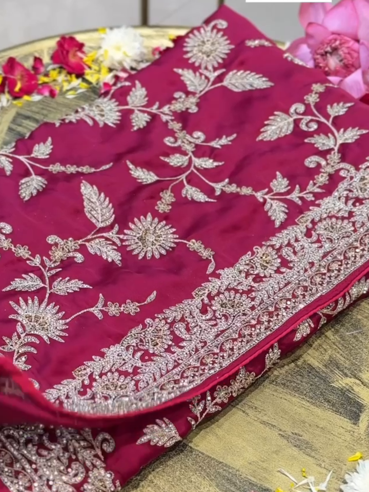 Satin Silk Heavy Zari & Sequin Embroidered Floral Saree