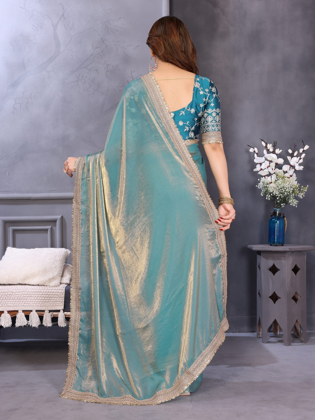 Shimmer Saree with Gold Lace Border & Teal Floral Thread Embroidered Blouse