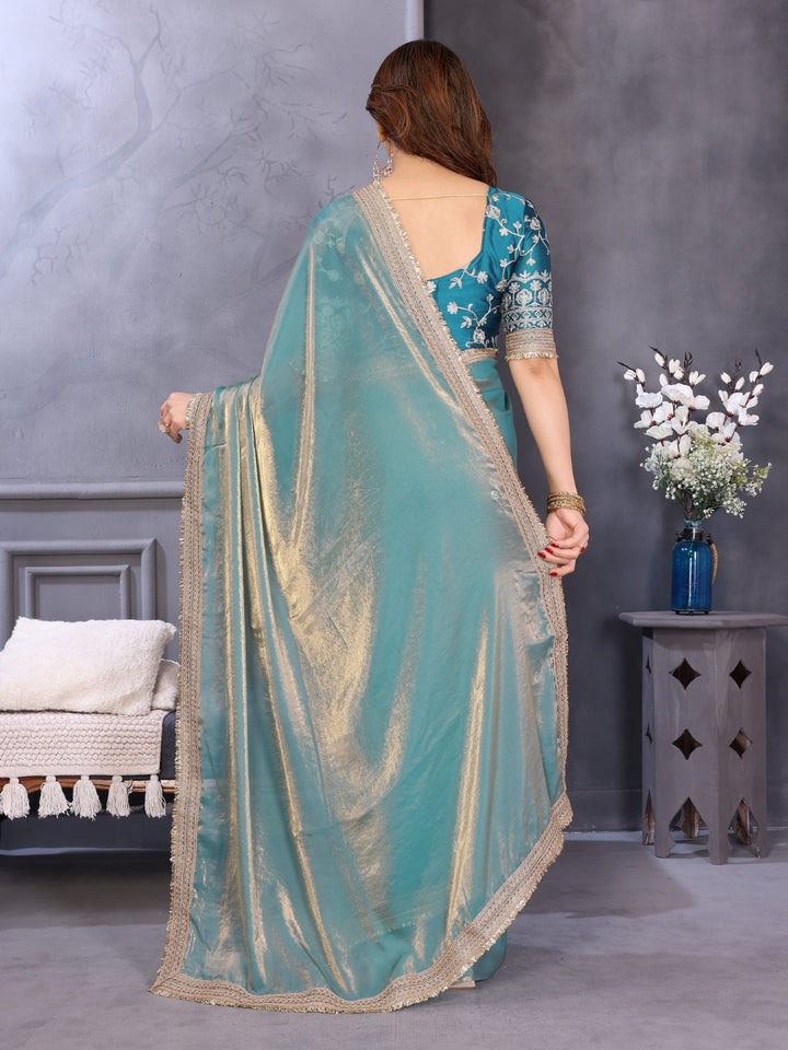 Shimmer Saree with Gold Lace Border & Teal Floral Thread Embroidered Blouse