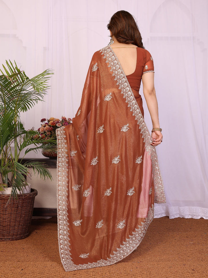 Burnt Copper Shimmer Saree with Silver Thread Embroidered Butis & Scalloped Border