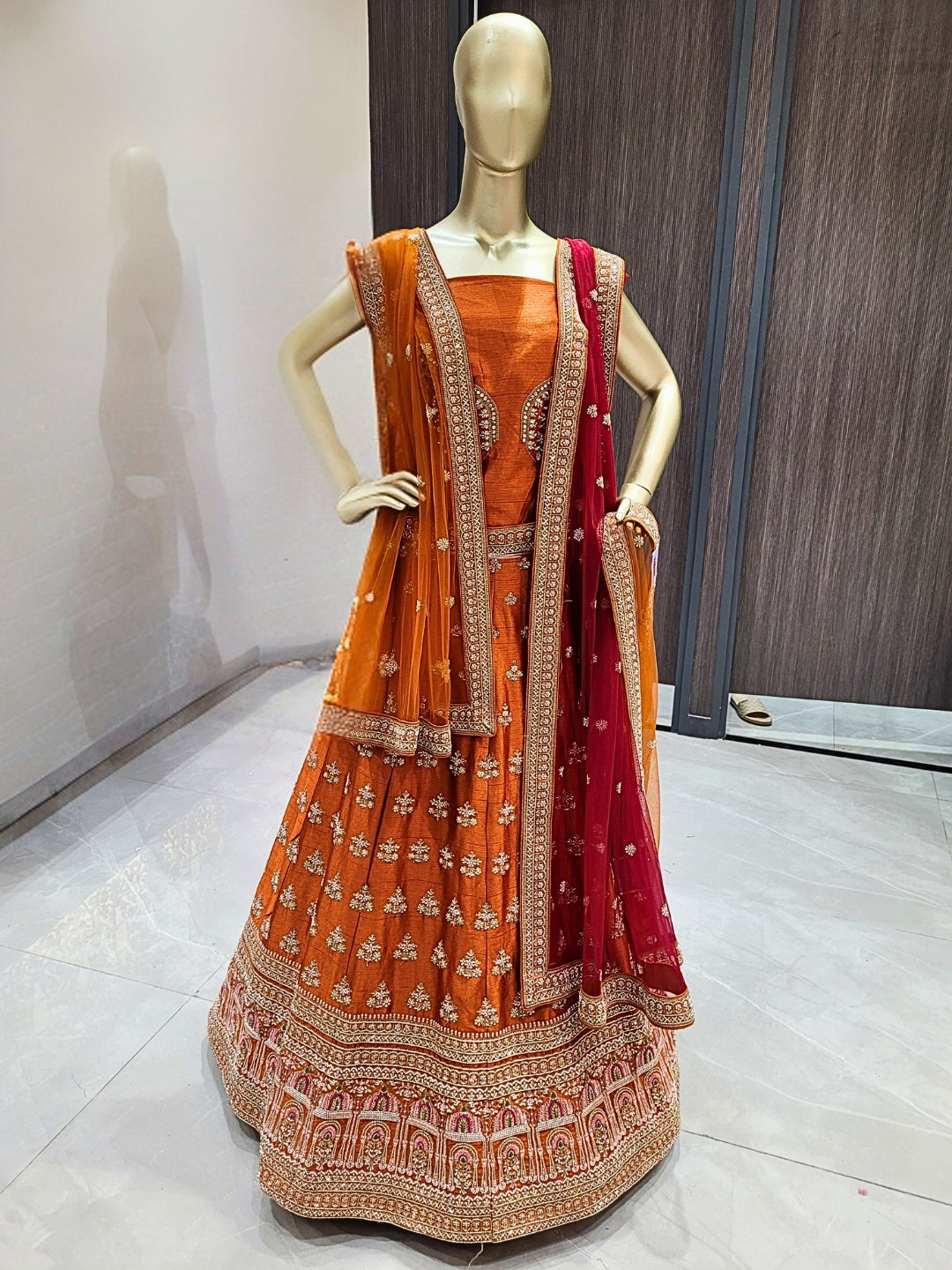 Zari, Mirror, Beads & Sequins Worked Embroidered Lehenga with unstitched blouse & Dupatta