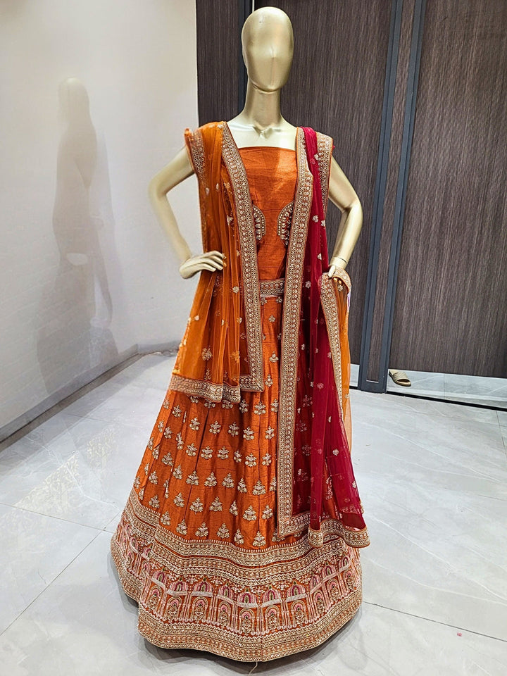 Zari, Mirror, Beads & Sequins Worked Embroidered Lehenga with unstitched blouse & Dupatta