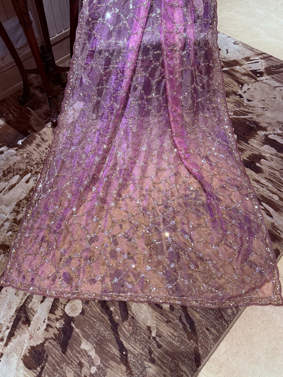 Pink Shimmer Net Saree with Sequin & Mirror Geometric Trellis and Scalloped Embroidered Border