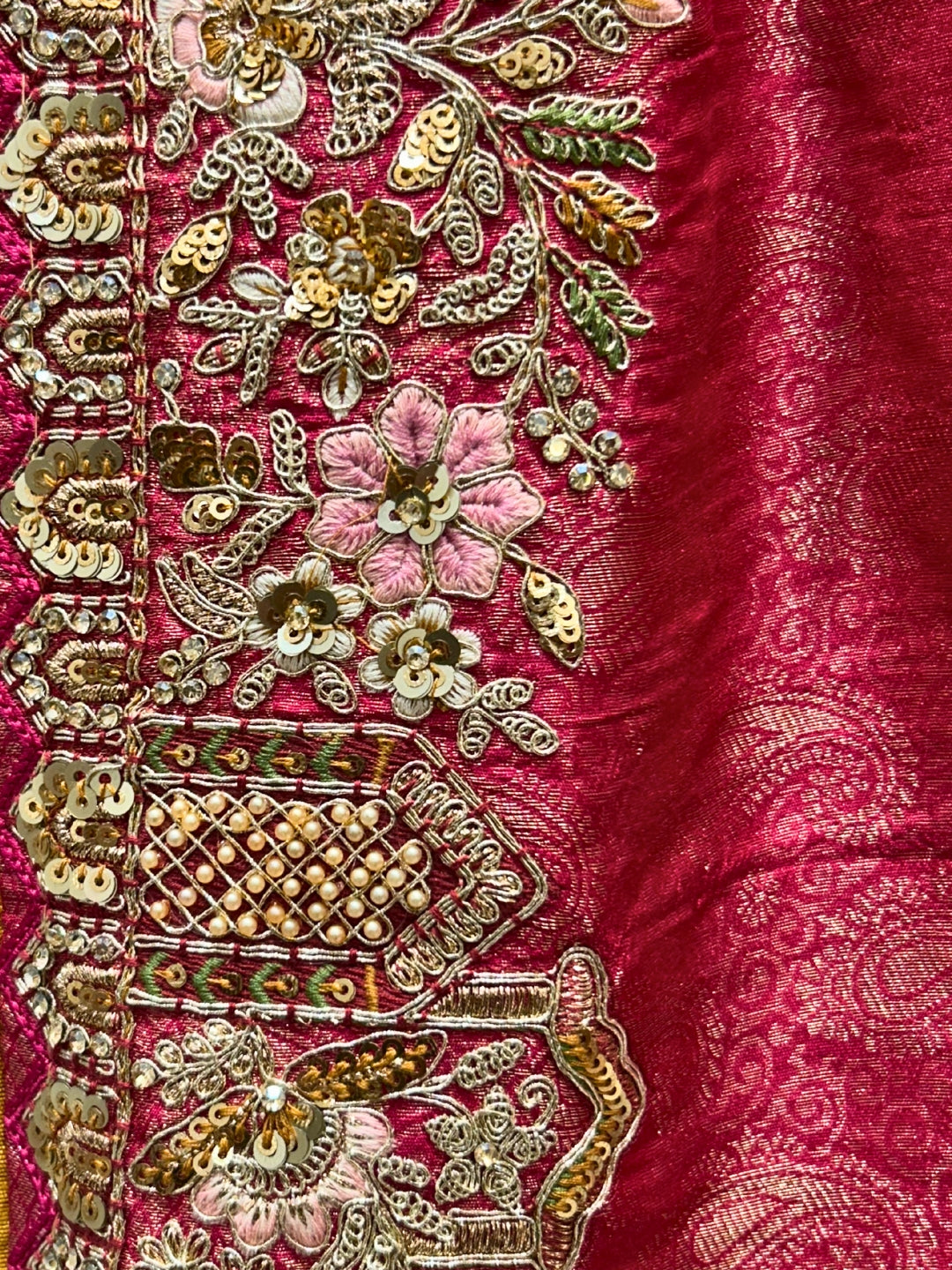 Jacquard Saree with Heavy Zardozi Sequin Peacock Floral Border & Embroidered Blouse