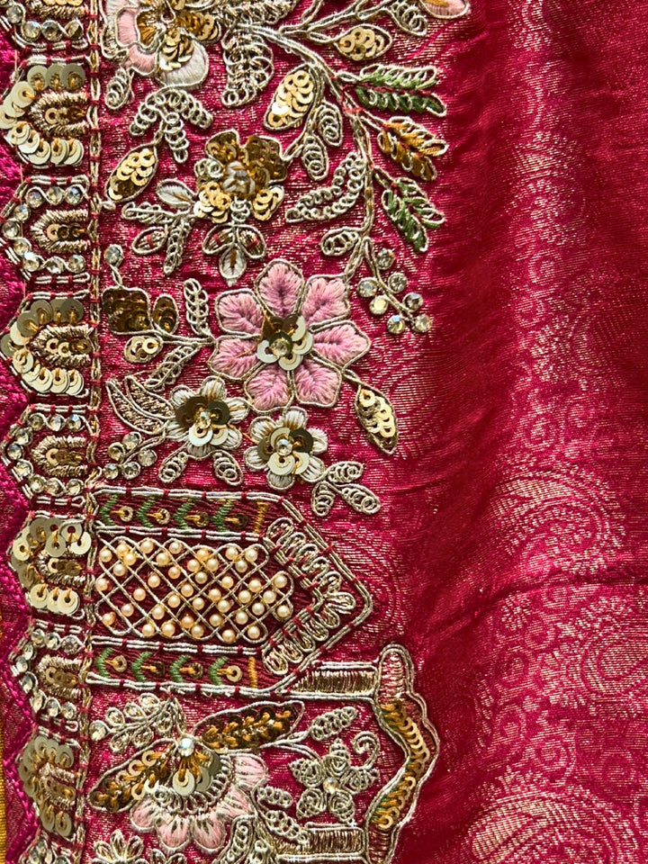 Jacquard Saree with Heavy Zardozi Sequin Peacock Floral Border & Embroidered Blouse