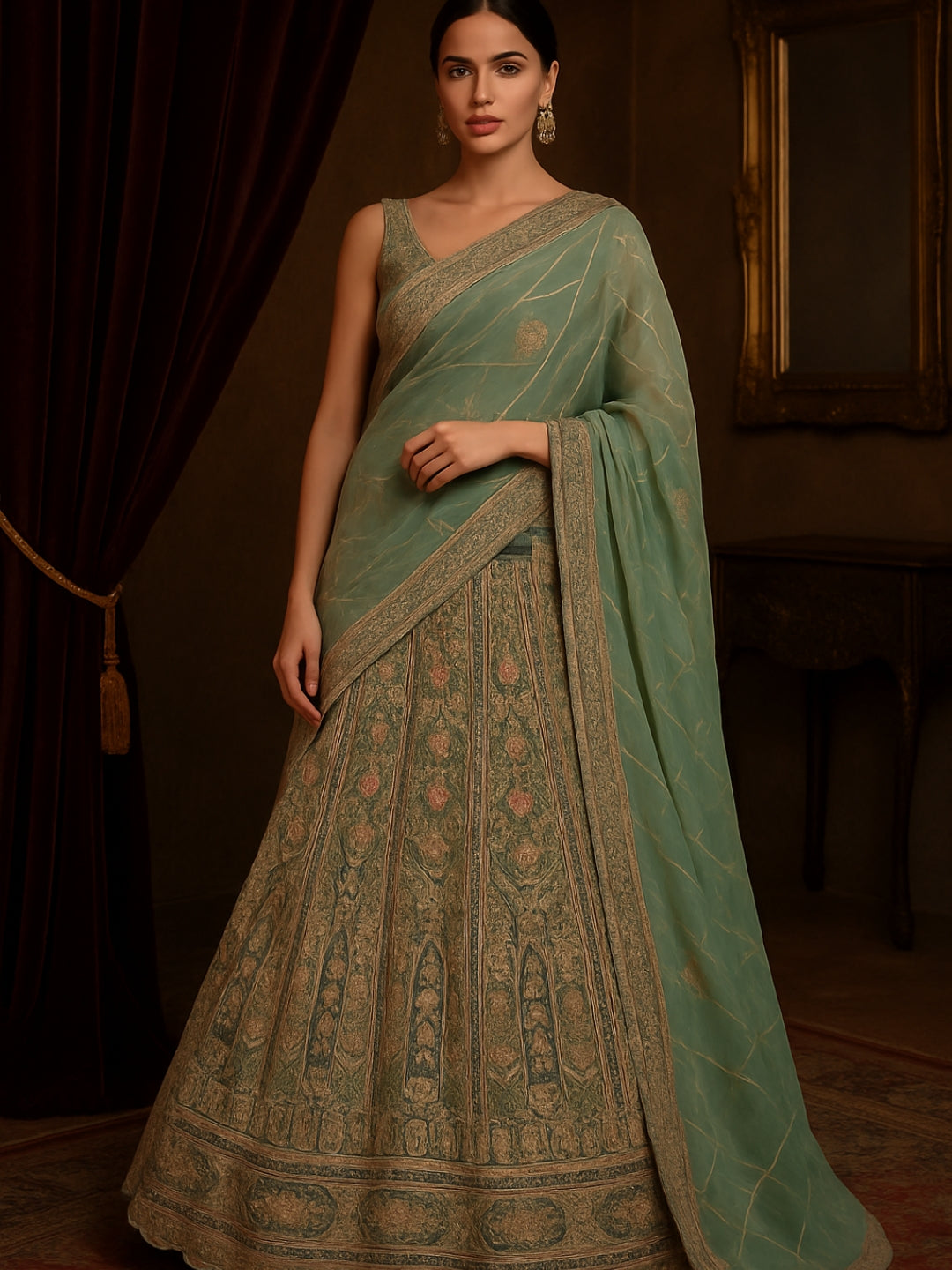 Heavy Zari, Dori, Sequins & Resham Embroidered Lehenga with Dupatta & unstitched Blouse