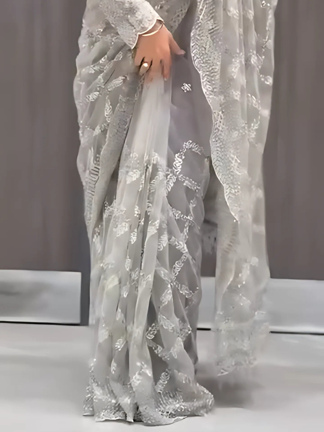 Elegant Silver Grey Embroidered Net Saree with Sequin Work & Full Sleeve Blouse