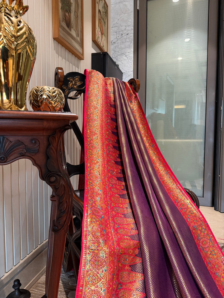 Wine Purple Banarasi Saree with Red Meenakari Zari Border and Tasselled Pallu