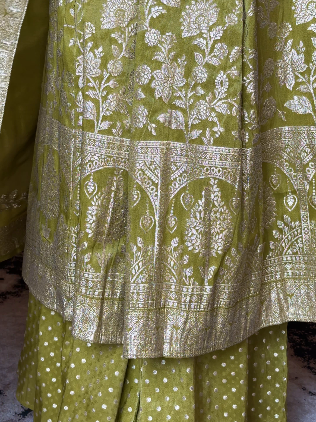 Banarasi Silk Kurta Set with Zari Woven Floral Border, Polka Dot Palazzo & Dupatta