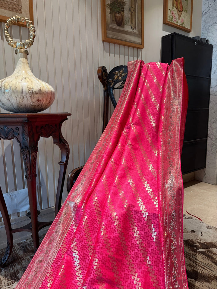 Rani Pink Saree with All-Over Zari Checks, Heavy Woven Pallu & Tassel Border