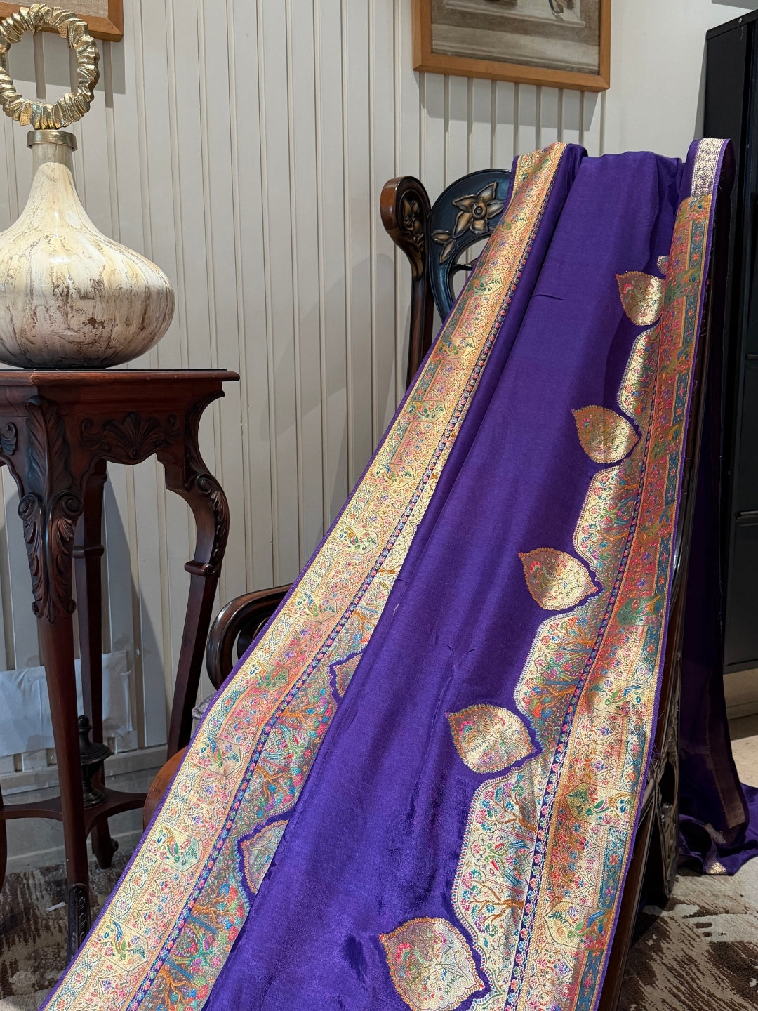 Purple Saree with Heavy Ethnic Gold Border, Leaf Motifs & Royal Procession Digital Work